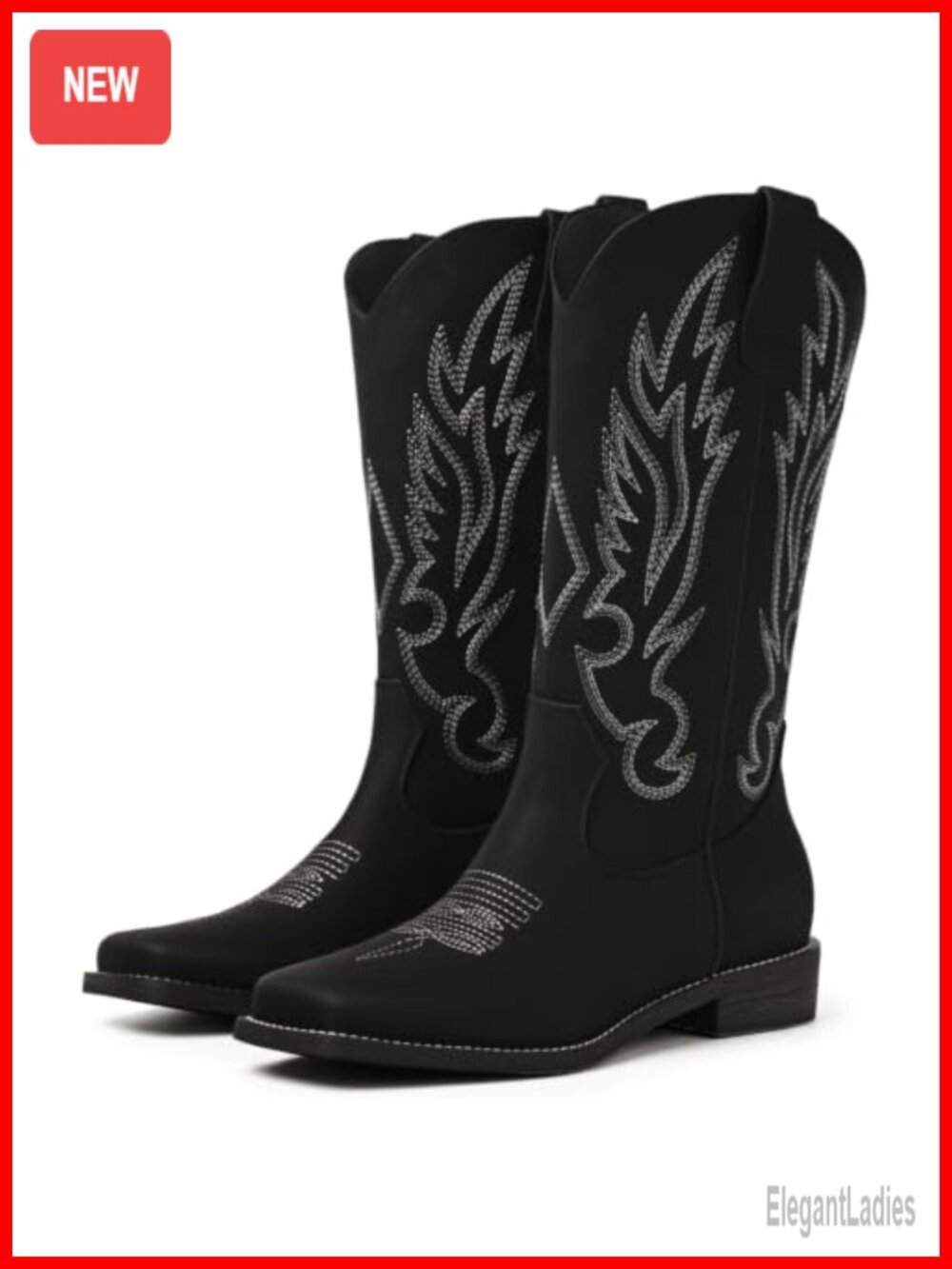 Square Toe Cowboy Boots Women Faux Leather Mid Calf Western Pull On